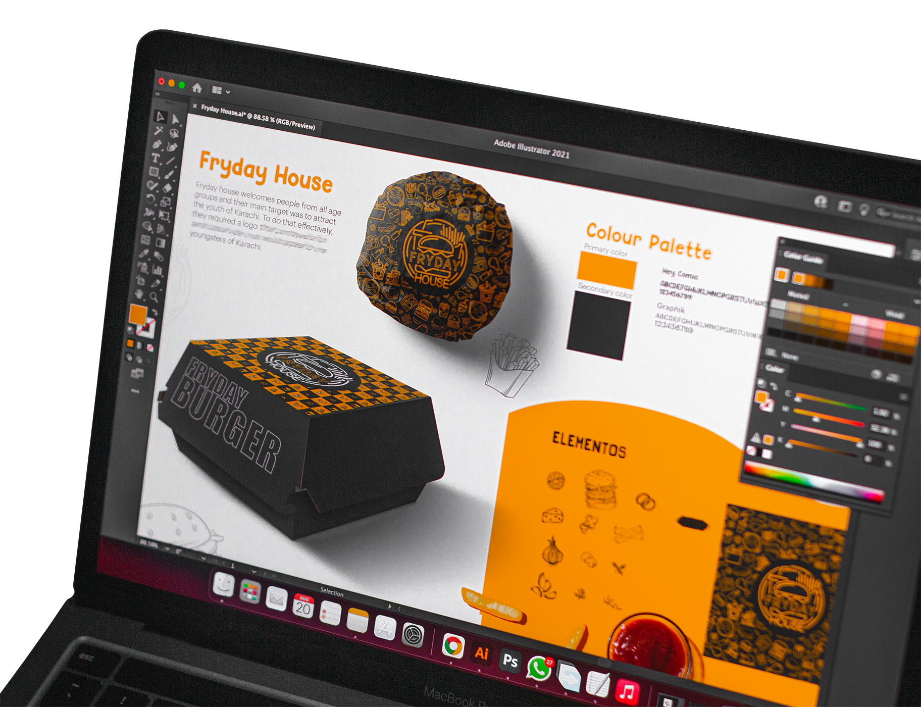 A image of Laptop mockup showing our client's fast food Branding Design we made.
